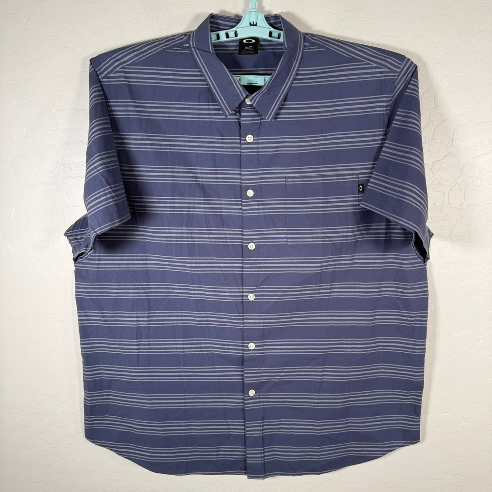 Oakley Shirt Mens 2XL Blue Striped Short Sleeve Cotton Casual Collared